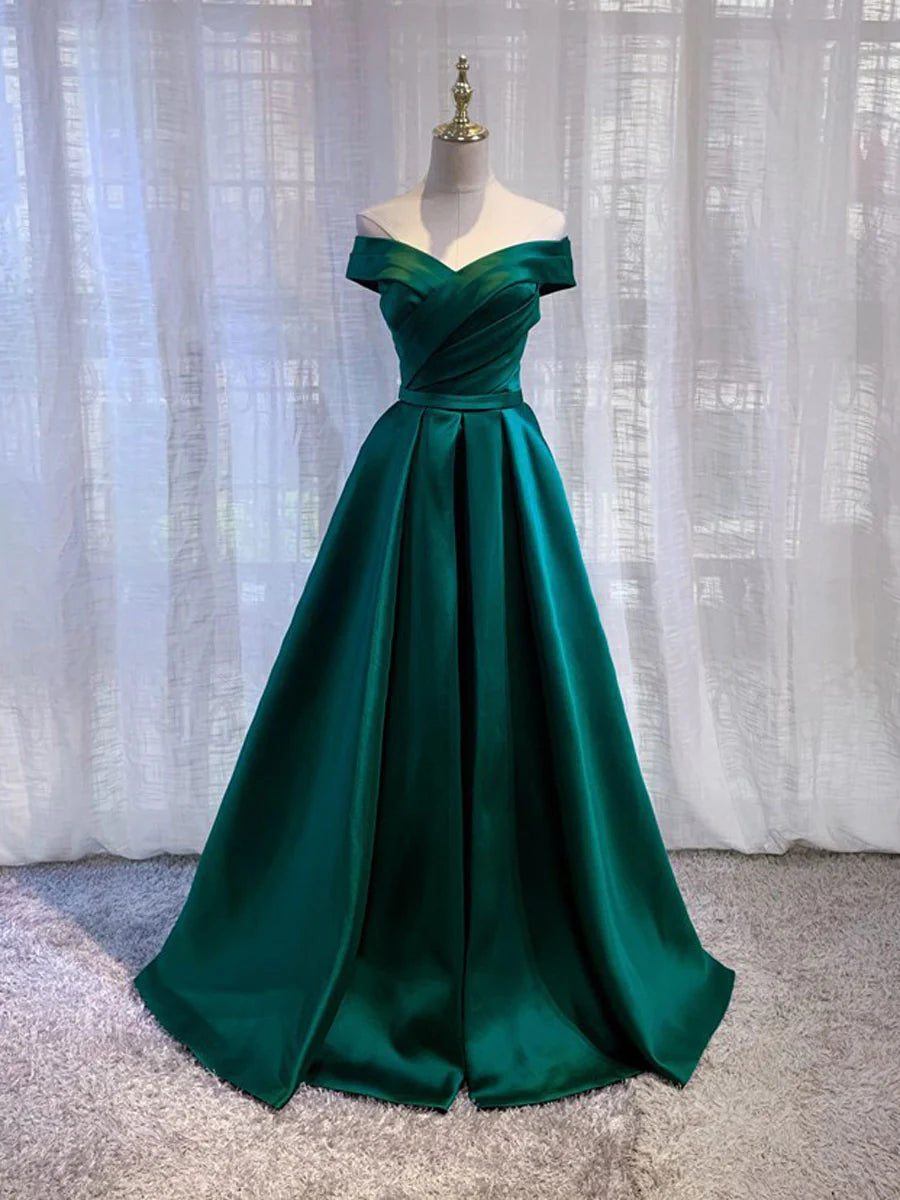 Wholesale Simple green satin off shoulder long prom dress green bridesmaid dress gowns evening dresses